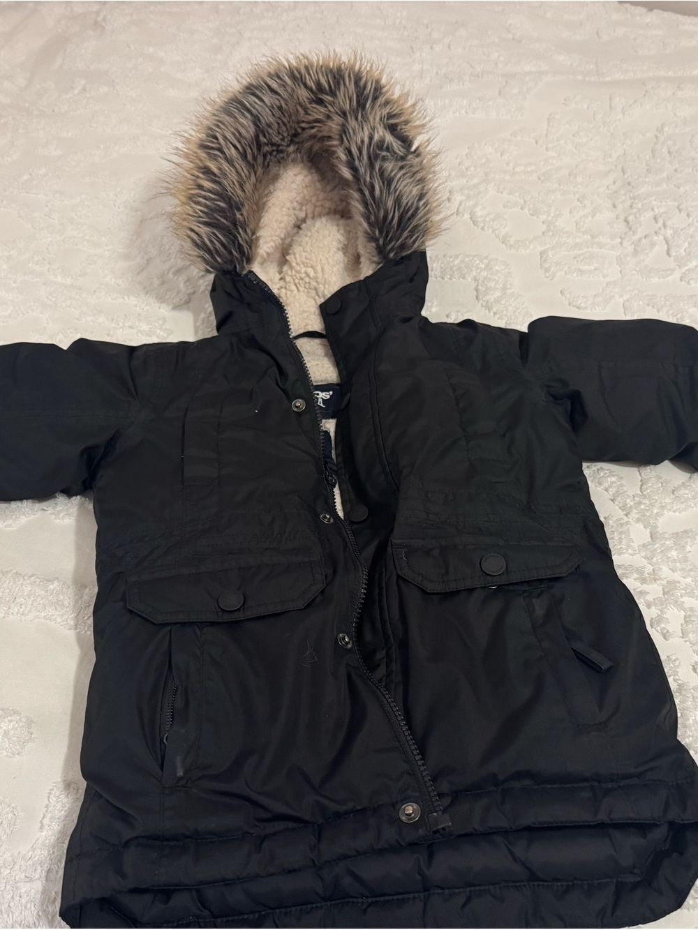 Lands' End Black Hooded Puffer Jacket with Faux-Fur Trim